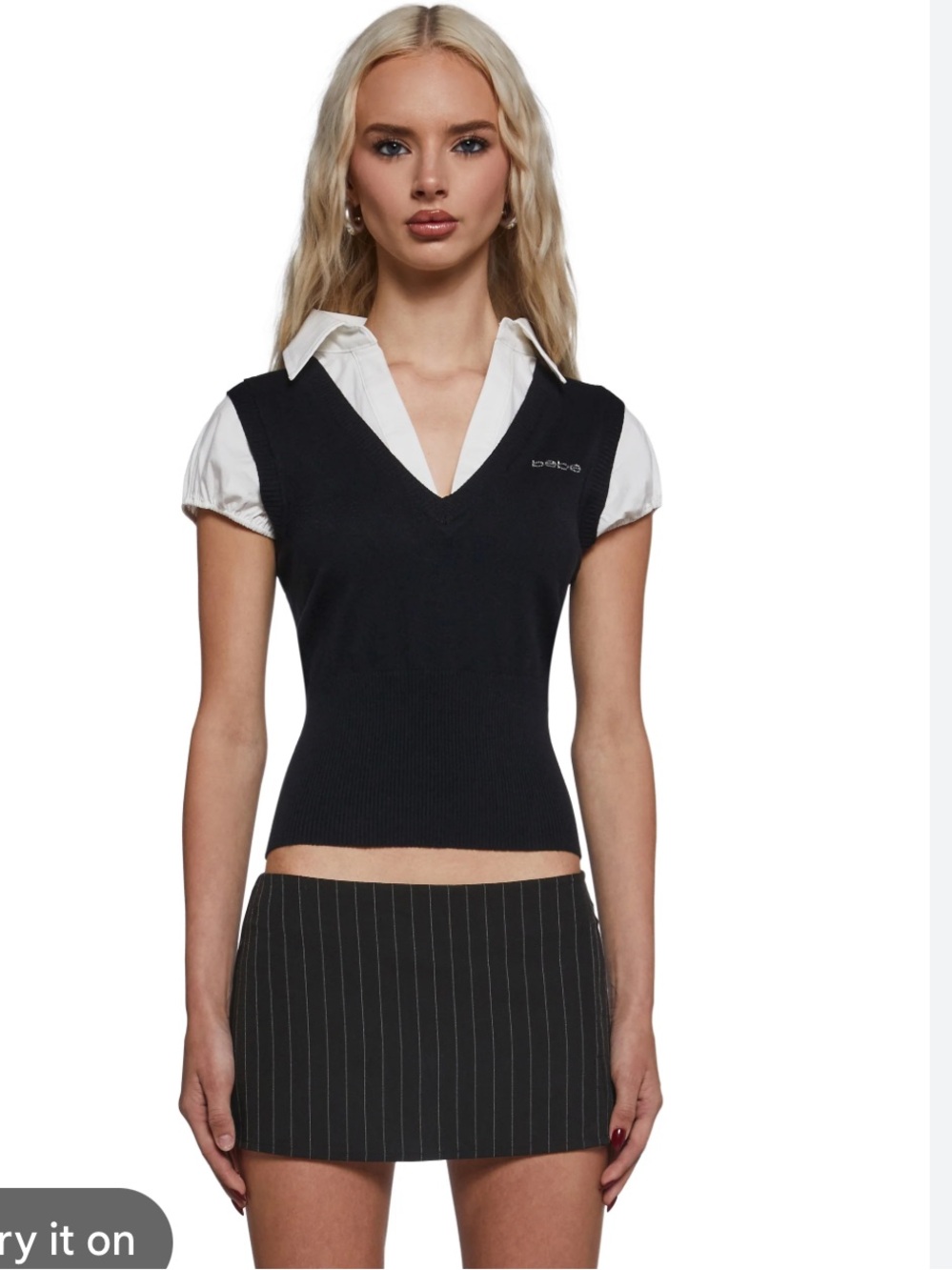 NWOT bebe Black V-Neck Sleeveless Knit Vest with White Collar Accent